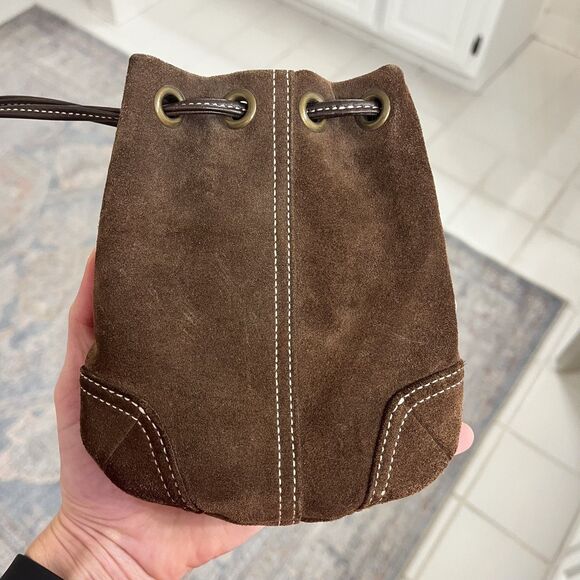 COACH Vintage Mini Drawstring Wristlet handbag Chocolate Brown Suede EUC 6” x 6” - Picture 2 of 12